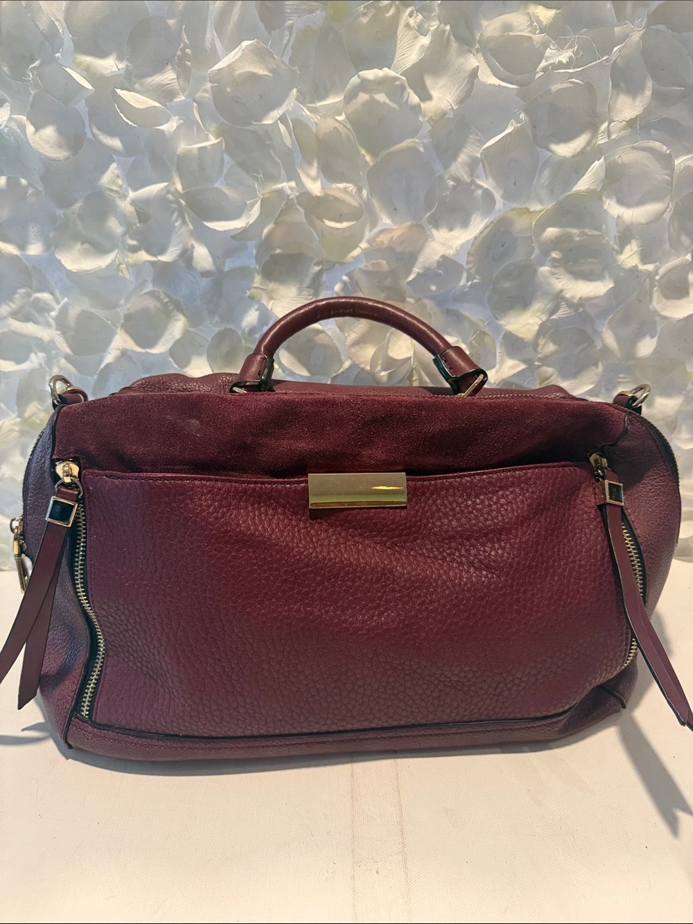 Moda Luxe Burgundy Pebbled Leather Satchel with Gold Hardware